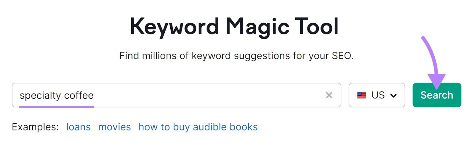 "café de spécialité" entré dans la barre de recherche de Keyword Magic Tool