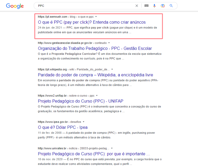 print de SERP com semrush em primeiro lugar