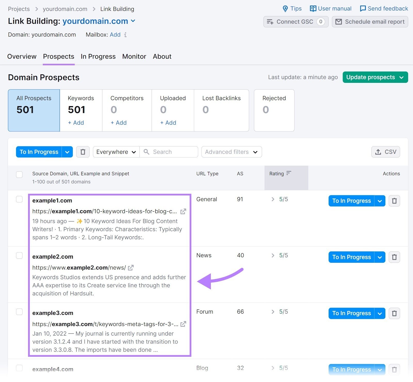 Onglet « Prospects » dans Link Building Tool