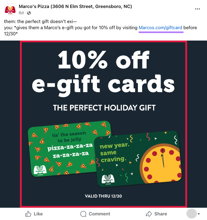 Postagem no Facebook da Marco's Pizza com um link para "Marcos.com/giftcard"