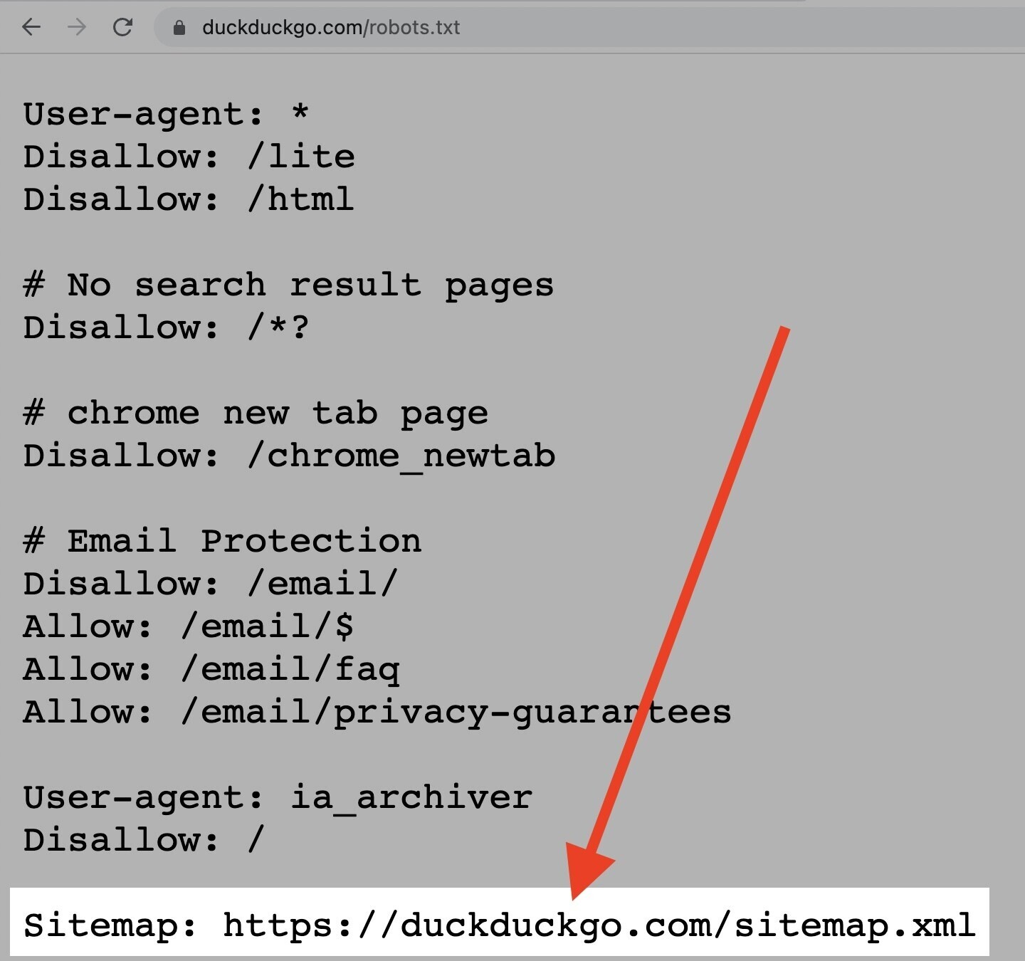 Beispiel: Sitemap: https://duckduckgo.com/sitemap.xml