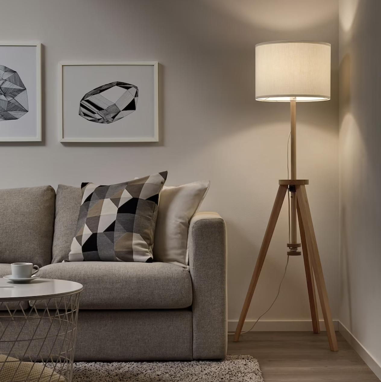 Mid-century modern floor lamp in a furnished living room