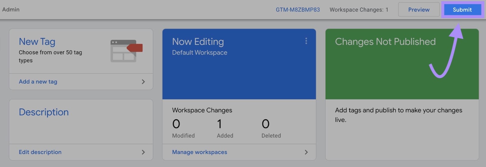 Botón "Enviar" en la vista general del espacio de trabajo del contenedor