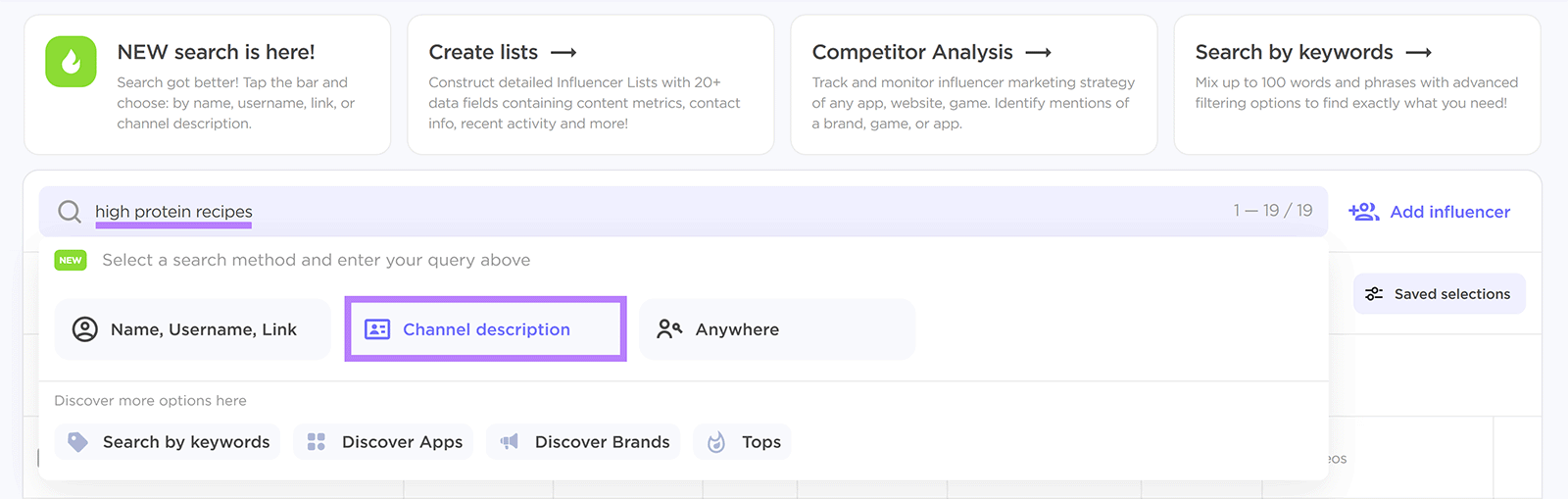 Barre de recherche avec l'option « recettes riches en protéines » saisie et l'option de description de la chaîne mise en évidence.