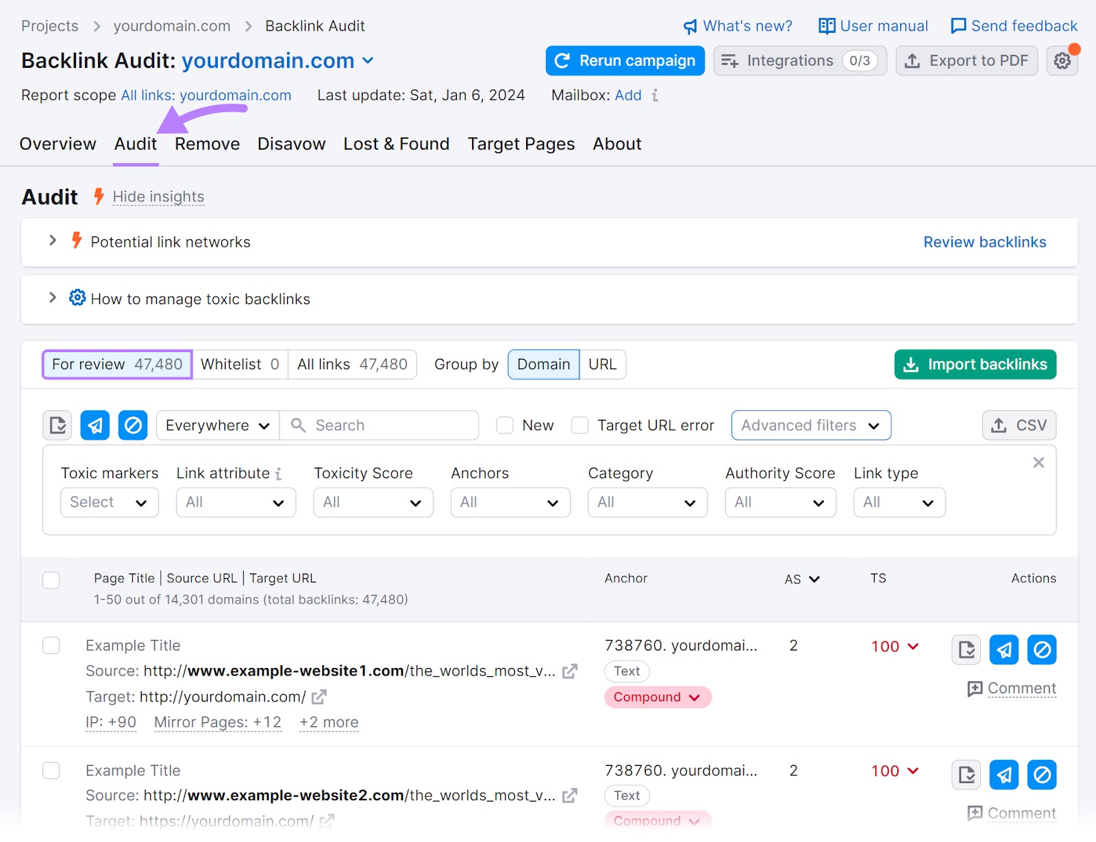 Tableau de bord "Audit" dans l'outil Backlink Audit