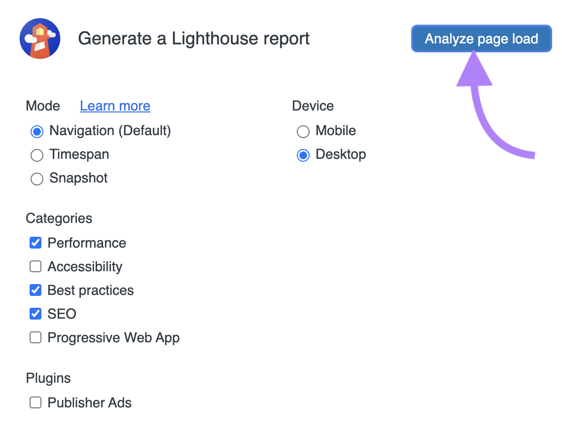 Botón resaltado Analyze page load