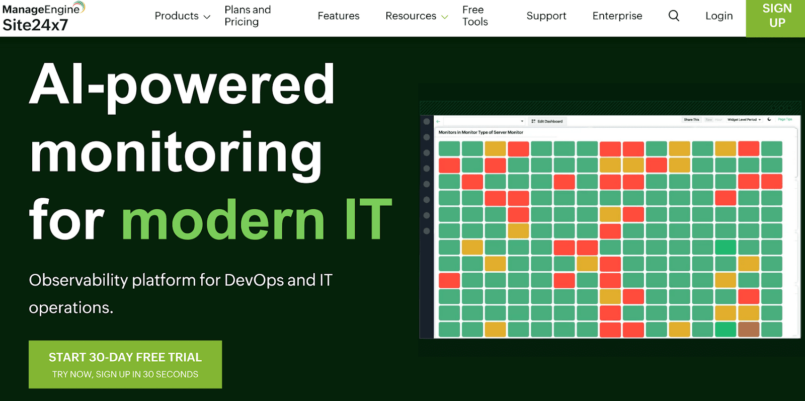 Die Homepage von ManageEngine Site24x7 mit einem grünen Call-to-Action-Button zum Starten einer 30-tägigen kostenlosen Testversion.