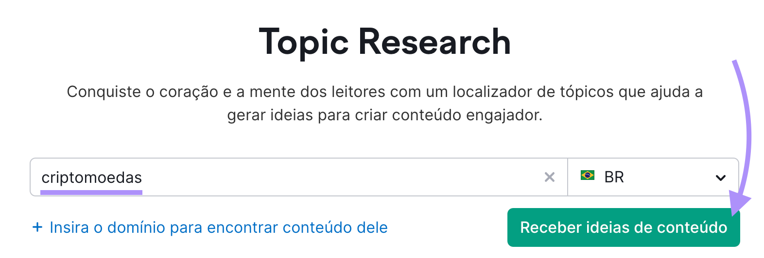 busca sobre criptomoedas na ferramenta Topic Research da Semrush