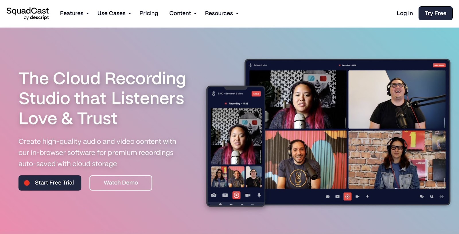 Estudio de grabación móvil y de sobremesa Squadcast con múltiples anfitriones virtuales.