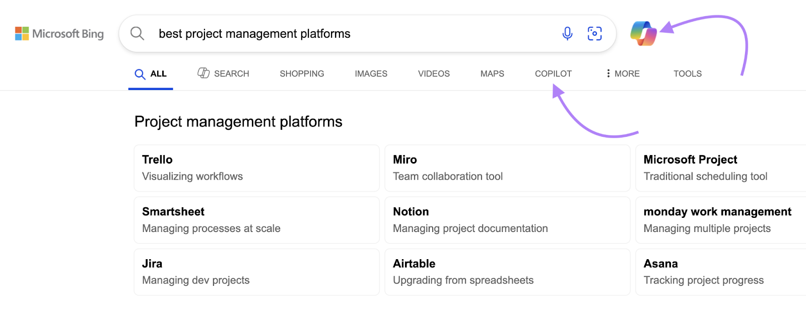 Copilot logo is found next to the search bar.