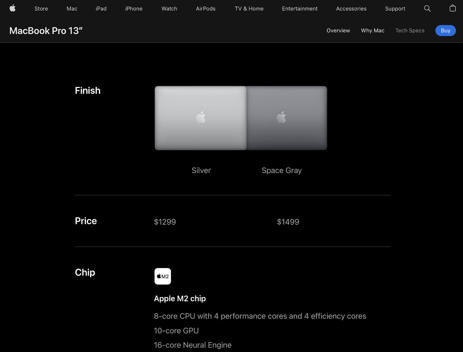 pagina delle specifiche del prodotto