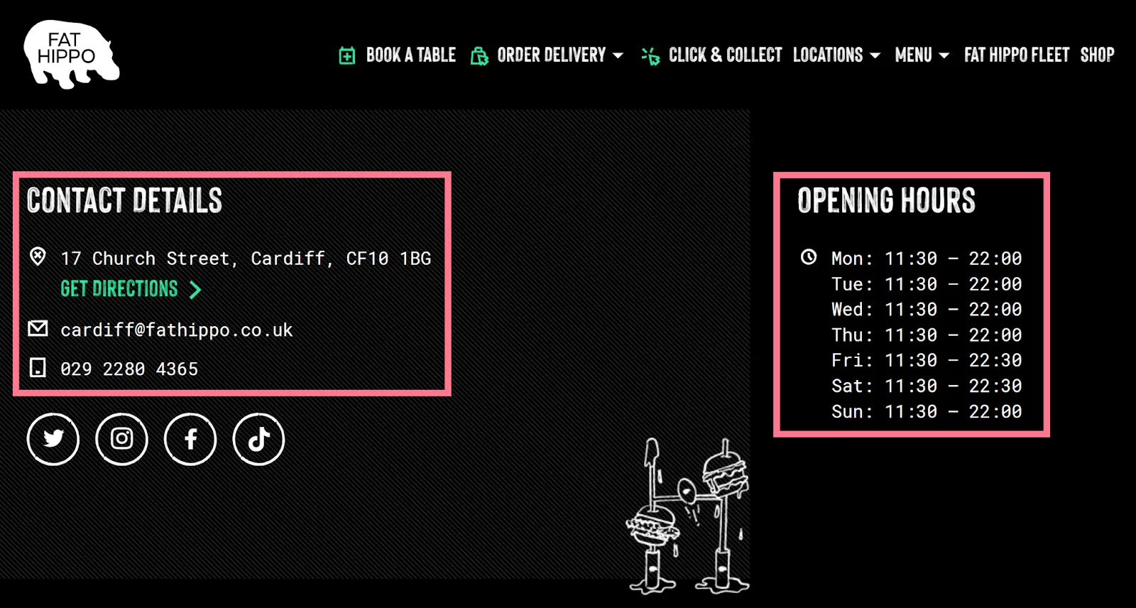 Location page with contact details and Opening Hours highlighted.