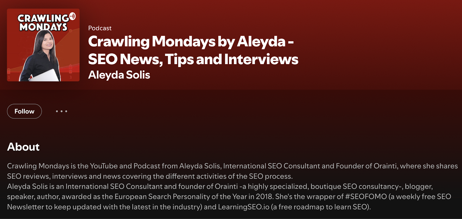 The SEO podcast Crawling Mondays as it appears on Spotify.