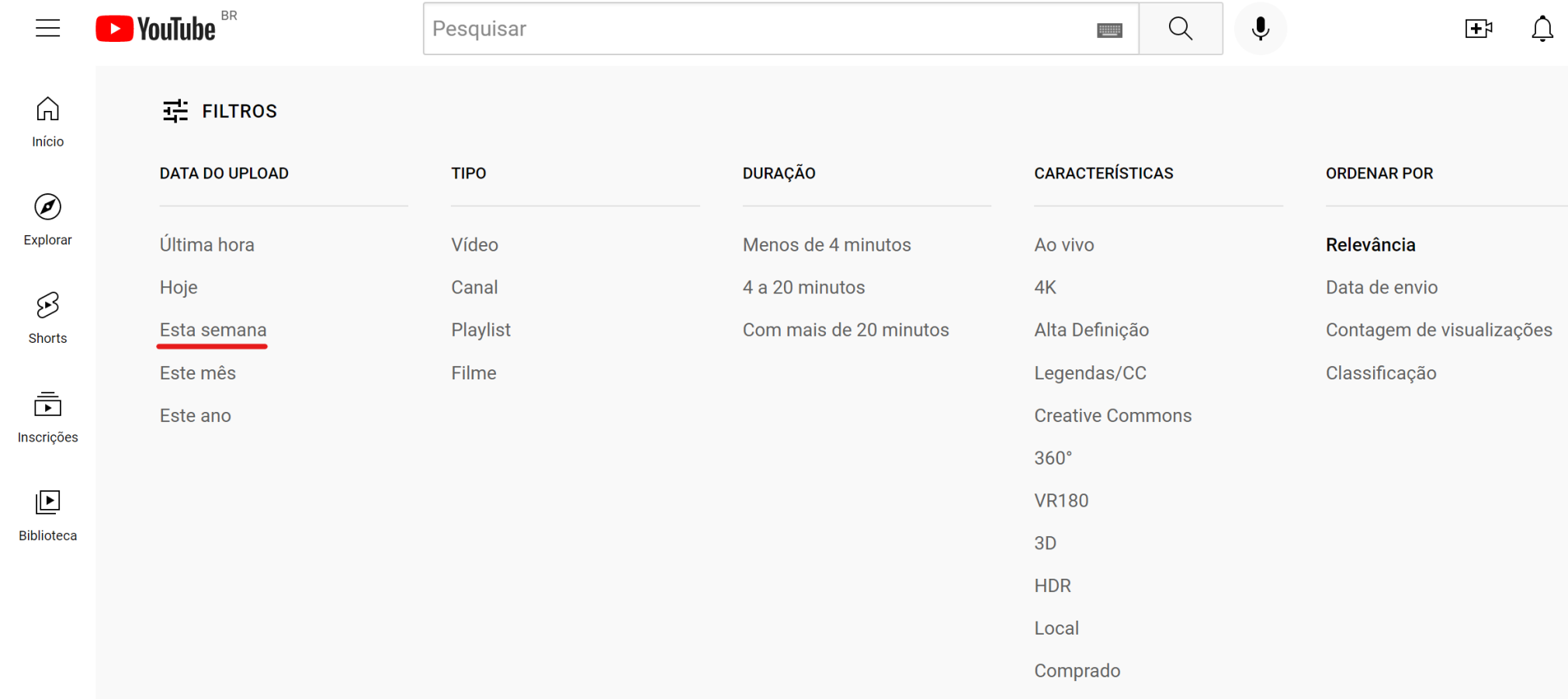 Filtro dos vídeos em alta no YouTube