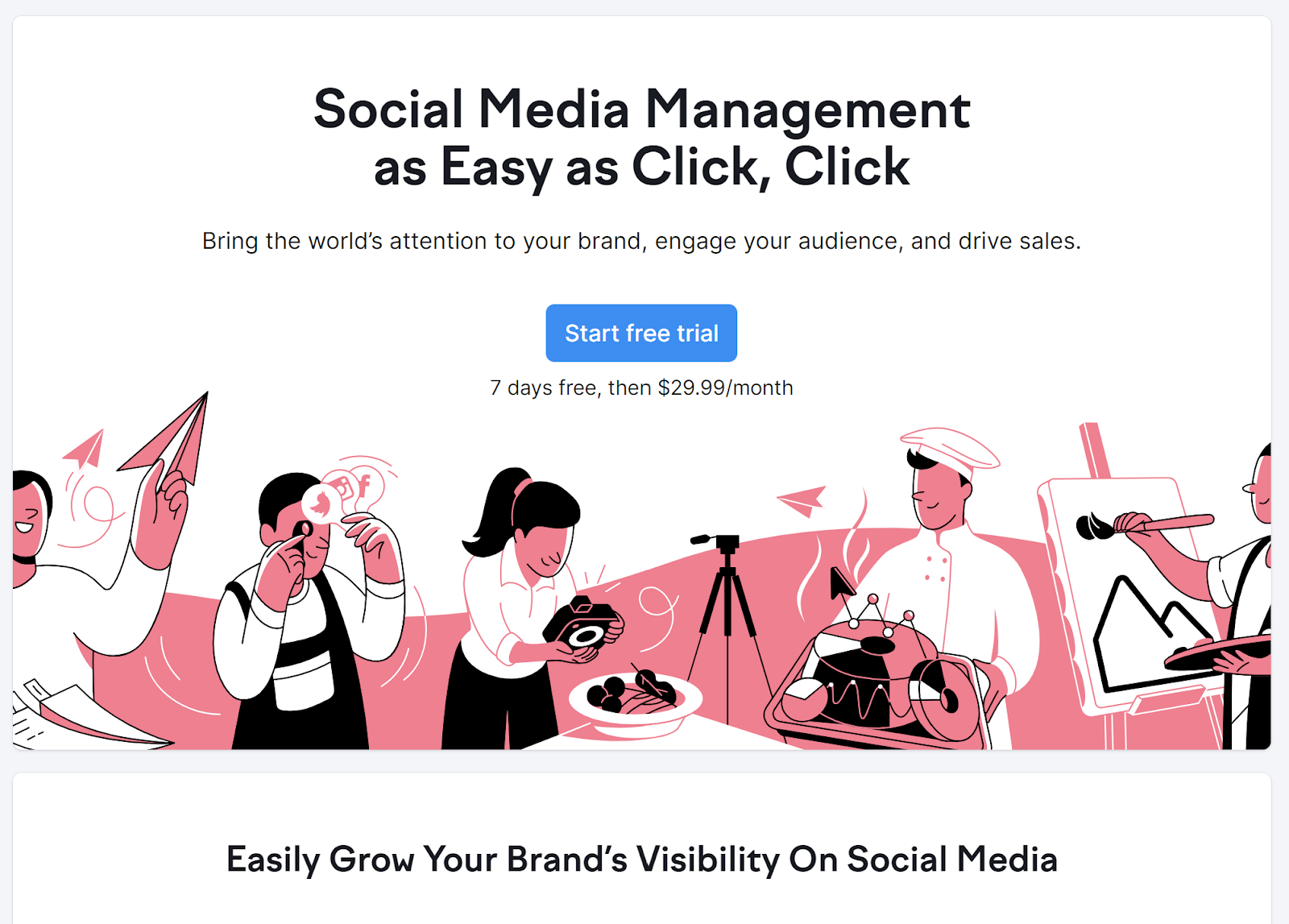 Tela de boas-vindas social do Semrush com botão de teste gratuito e CTA (chamada para ação).