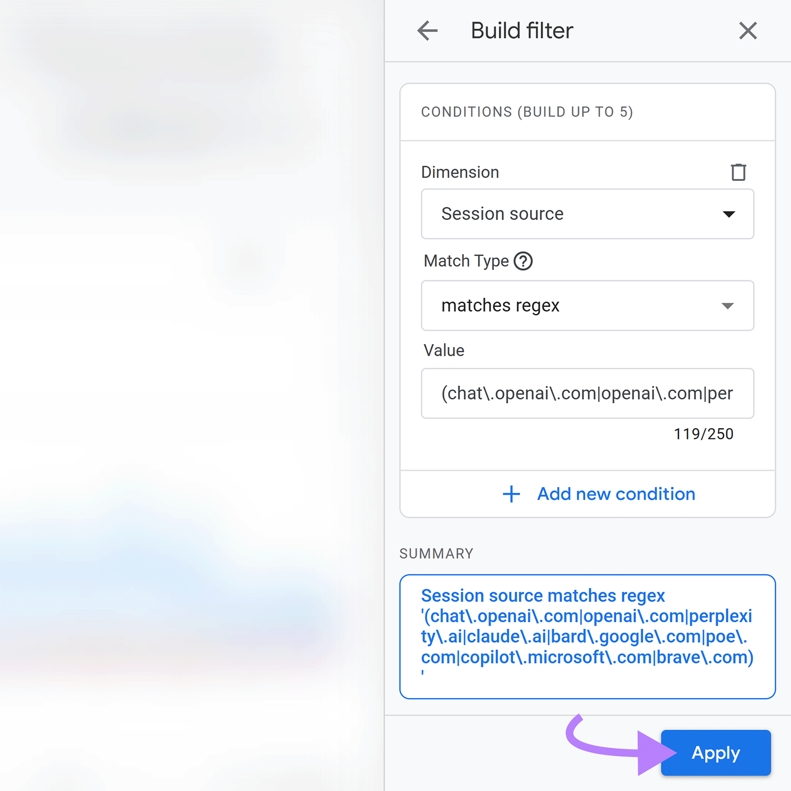 Build filter panel with session source regex entered and Apply button highlighted