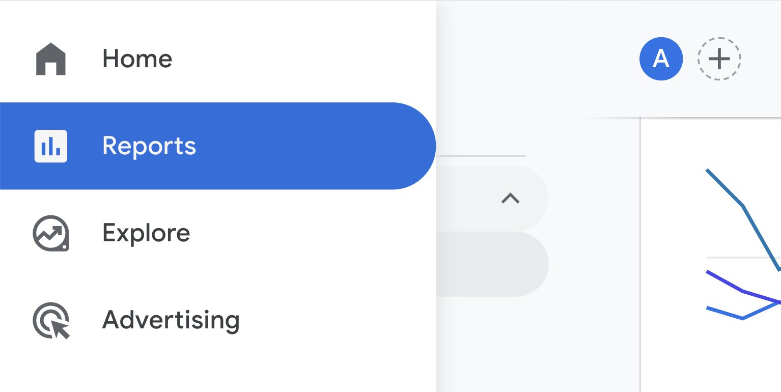 "Relatórios" selecionados no menu GA4