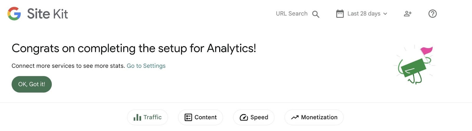 Mensaje de éxito de la instalación de GA4 en el Kit del Sitio