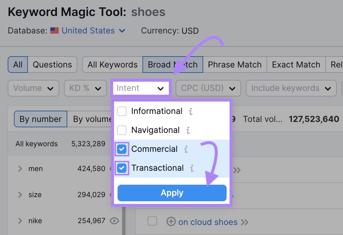 Menú desplegable del filtro "Intención" en Keyword Magic Tool