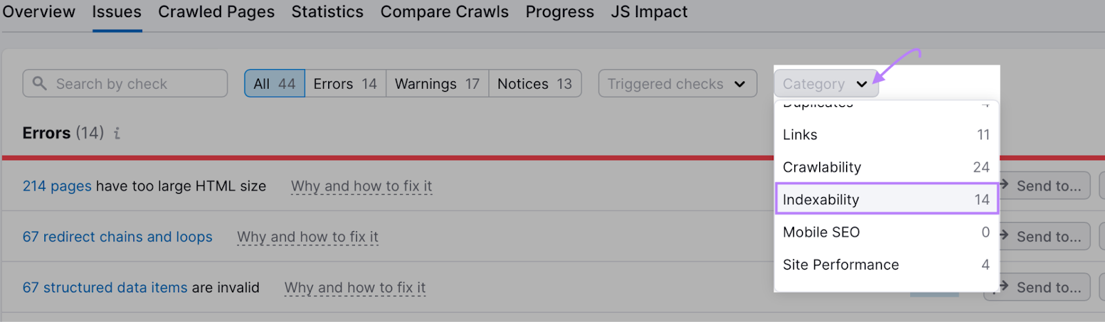 "Indexabilité" dans le menu déroulant "Catégorie" surligné.