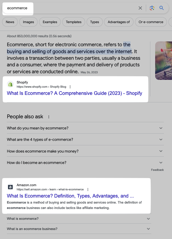 Resultados de Google para Shopify y Amazon destacados en la consulta "comercio electrónico