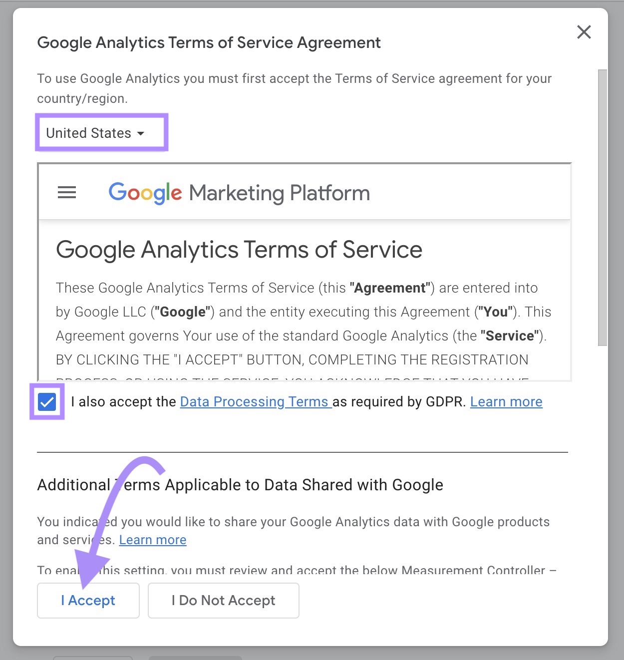 Ventana emergente de las condiciones del servicio de Google Analytics