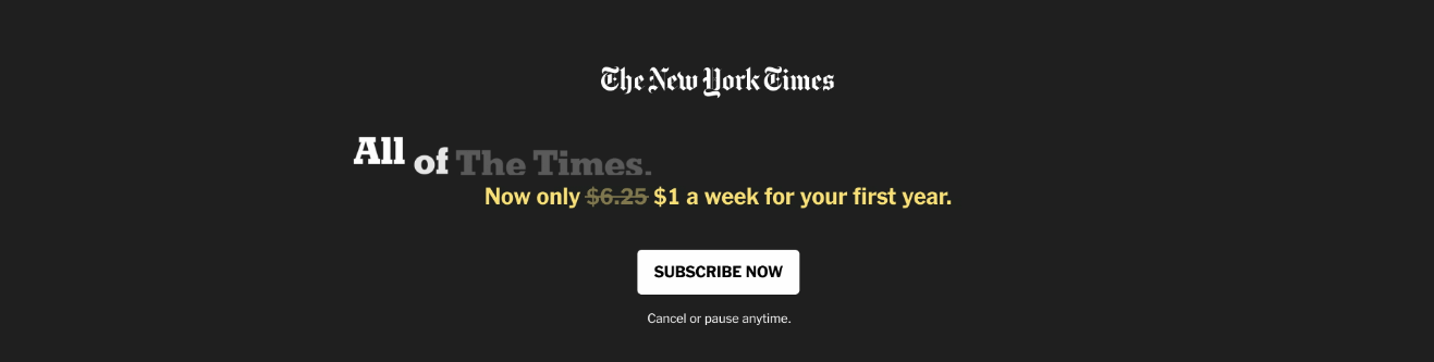 Anuncio publicitario del New York Times invitando a nuevos suscriptores