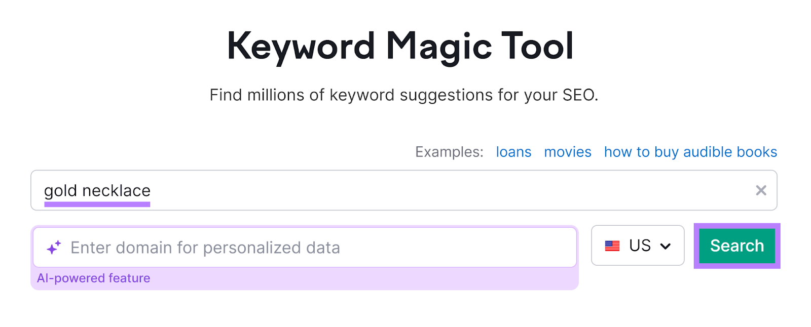 A ferramenta Semrush Keyword Magic começa com a palavra-chave e o botão de pesquisa em destaque