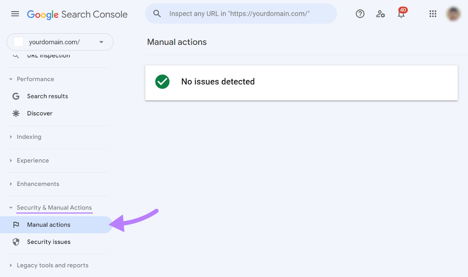 Page "Actions manuelles" dans la console de recherche Google