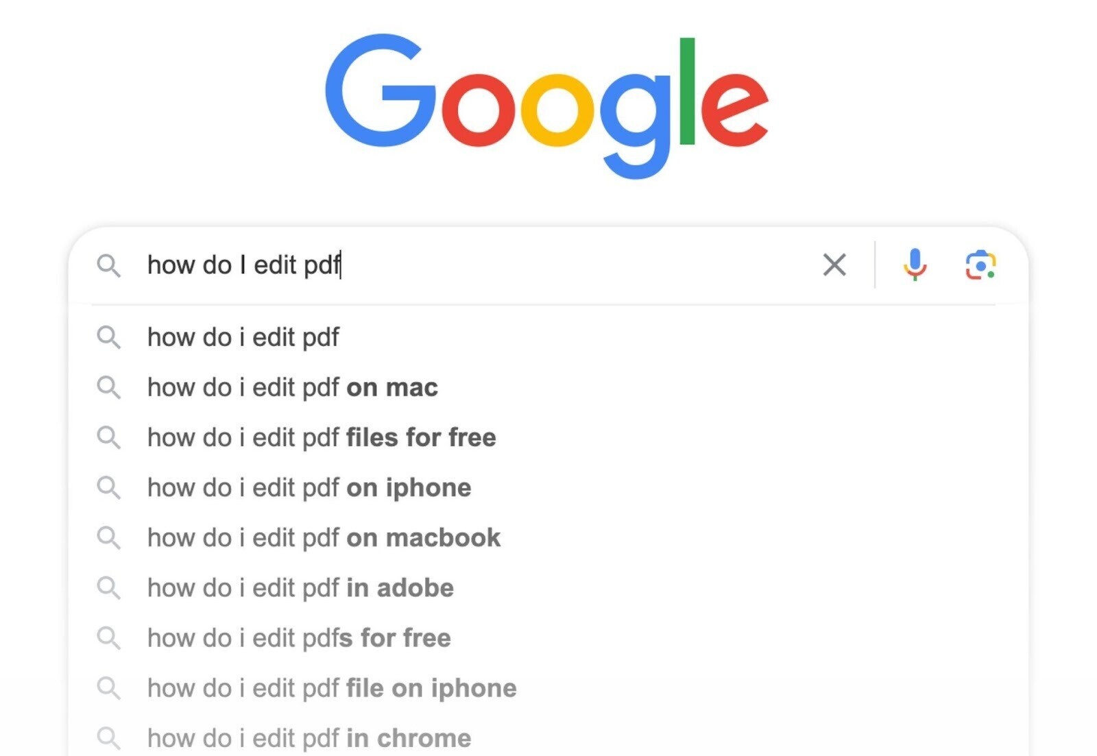 un ejemplo de las ideas de autocompletar de Google al buscar "cómo edito pdf"