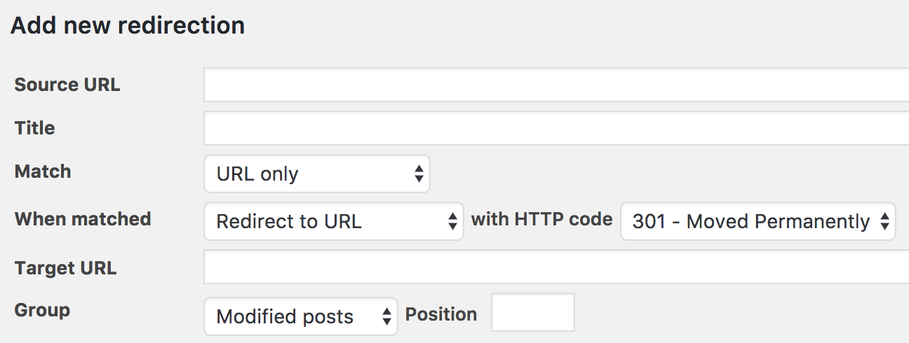 Formulário "Adicionar novo redirecionamento" no Yoast SEO