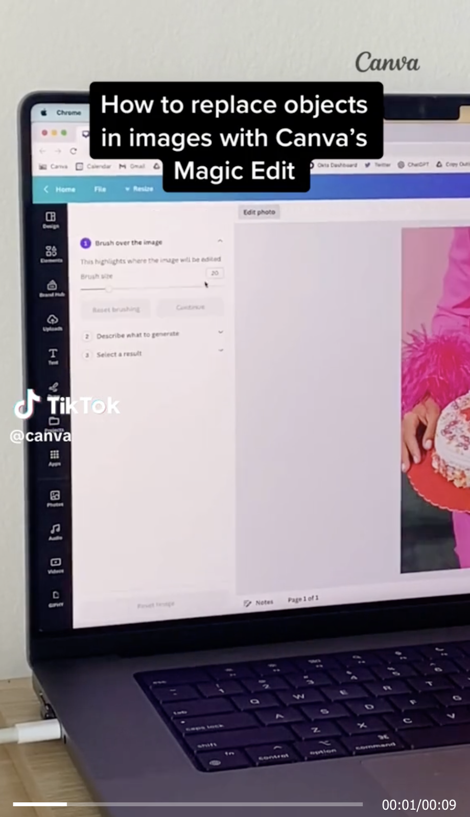 Vídeo TikTok de Canva con leyenda en pantalla: "Cómo reemplazar objetos en imágenes con Magic Edit"