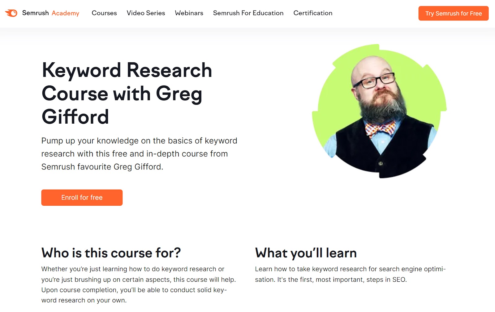 Keyword Research Kurs mit Greg Gifford Landing Page