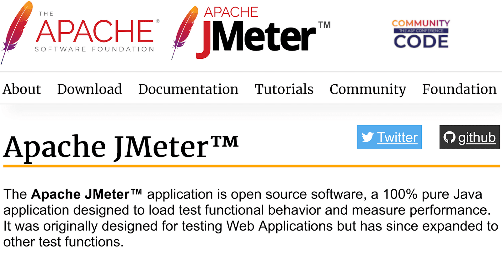 Apache JMeter Homepage mit einer Beschreibung der Software als Open-Source-Tool für Lasttests und Leistungsmessung.