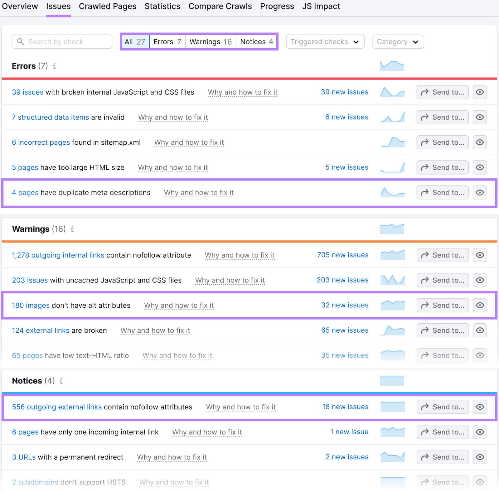 Bericht über Probleme bei der Standortprüfung mit Abschnitten für Fehler, Warnungen und Hinweise, in denen jeweils spezifische Probleme detailliert beschrieben werden.