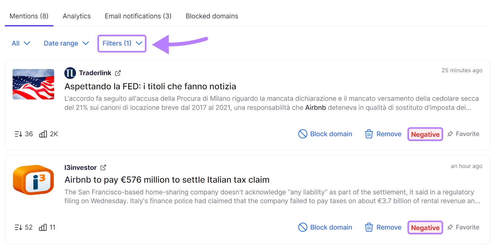 "Filtros" resaltados bajo la lista de menciones
