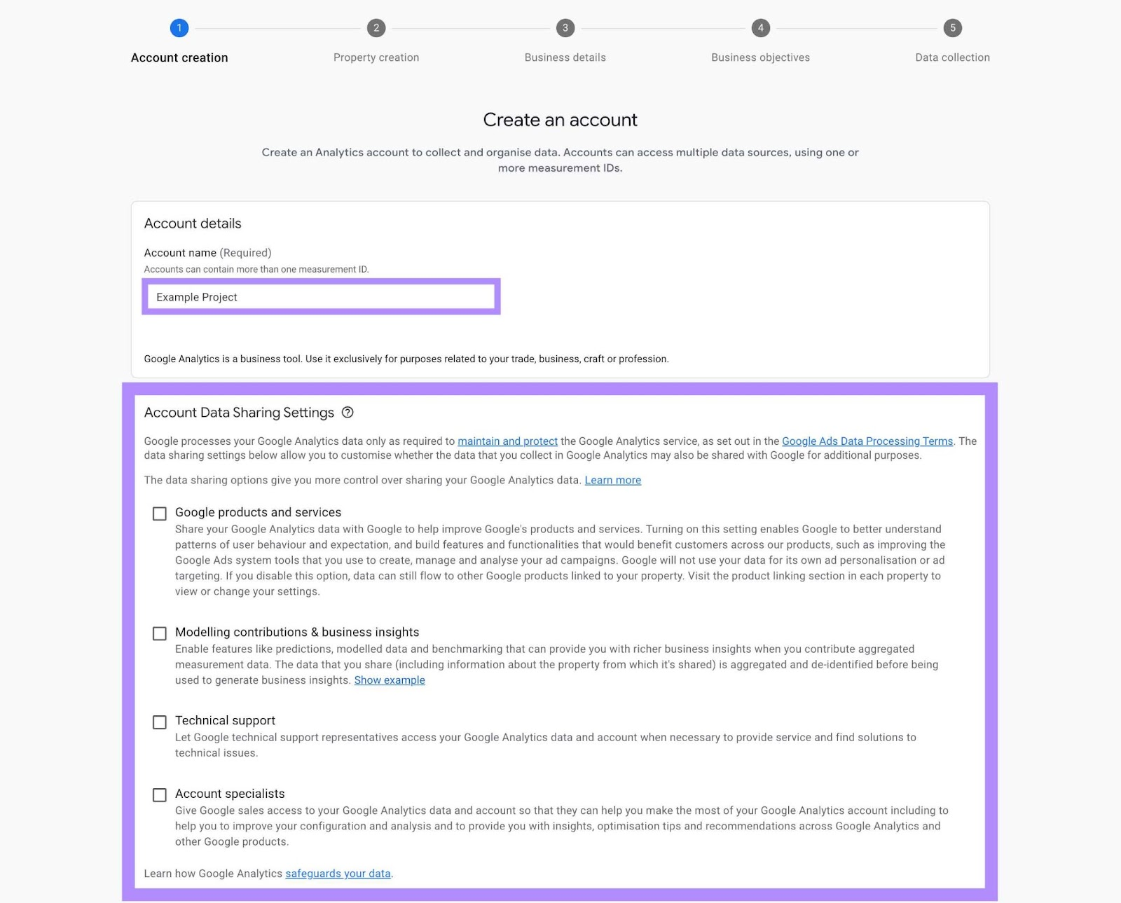 Página de creación de cuenta en Google Analytics, donde hay que introducir un nombre de cuenta y seleccionar la configuración de compartición de datos.
