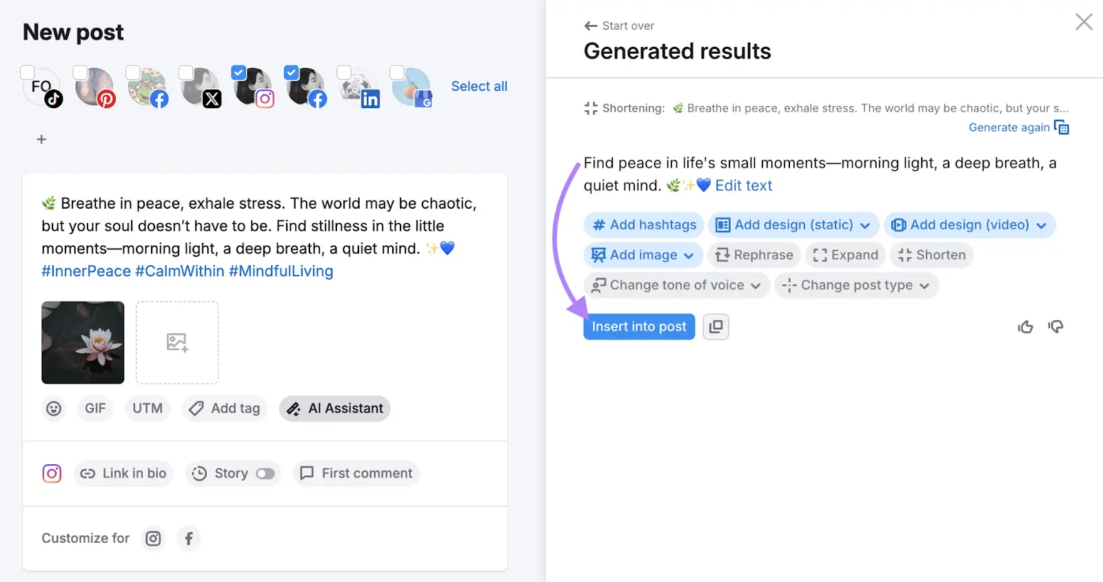Tableau de bord Social Poster affichant les résultats générés par l'IA pour le contenu des publications.