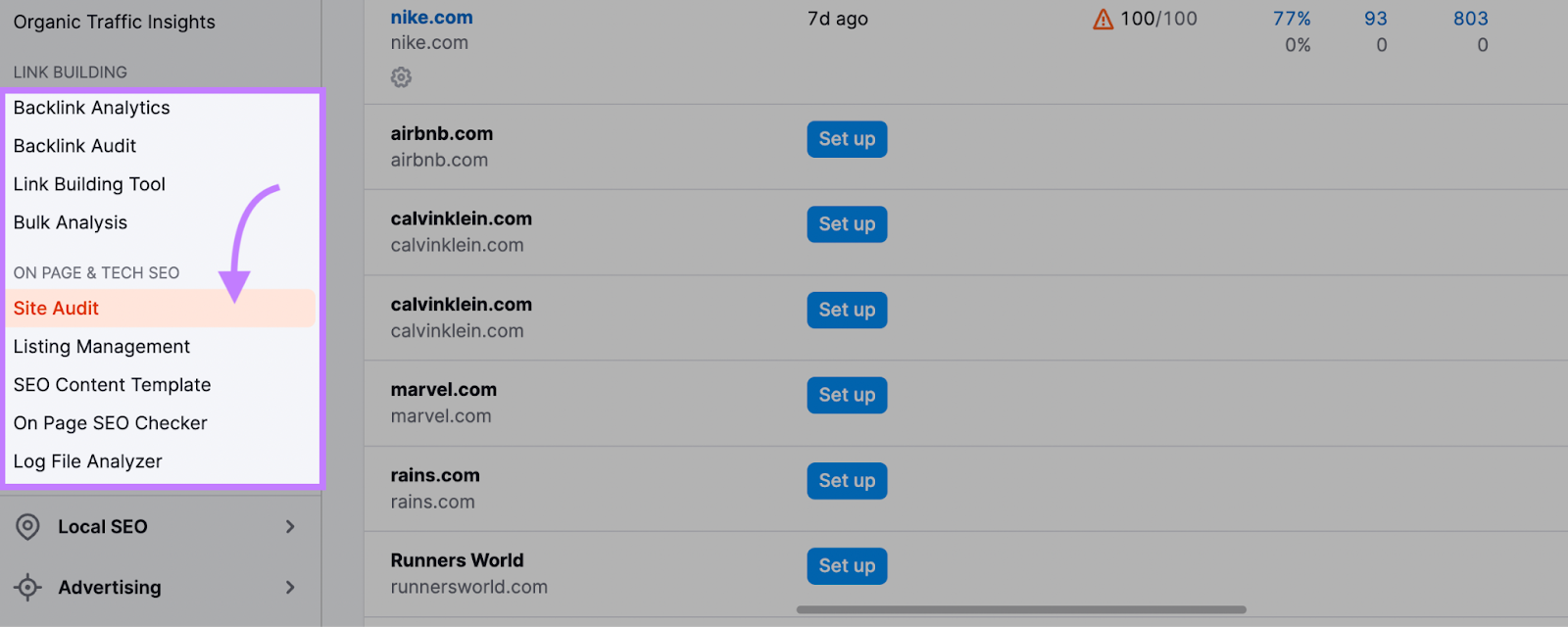 "Auditoría del sitio" seleccionada en el menú