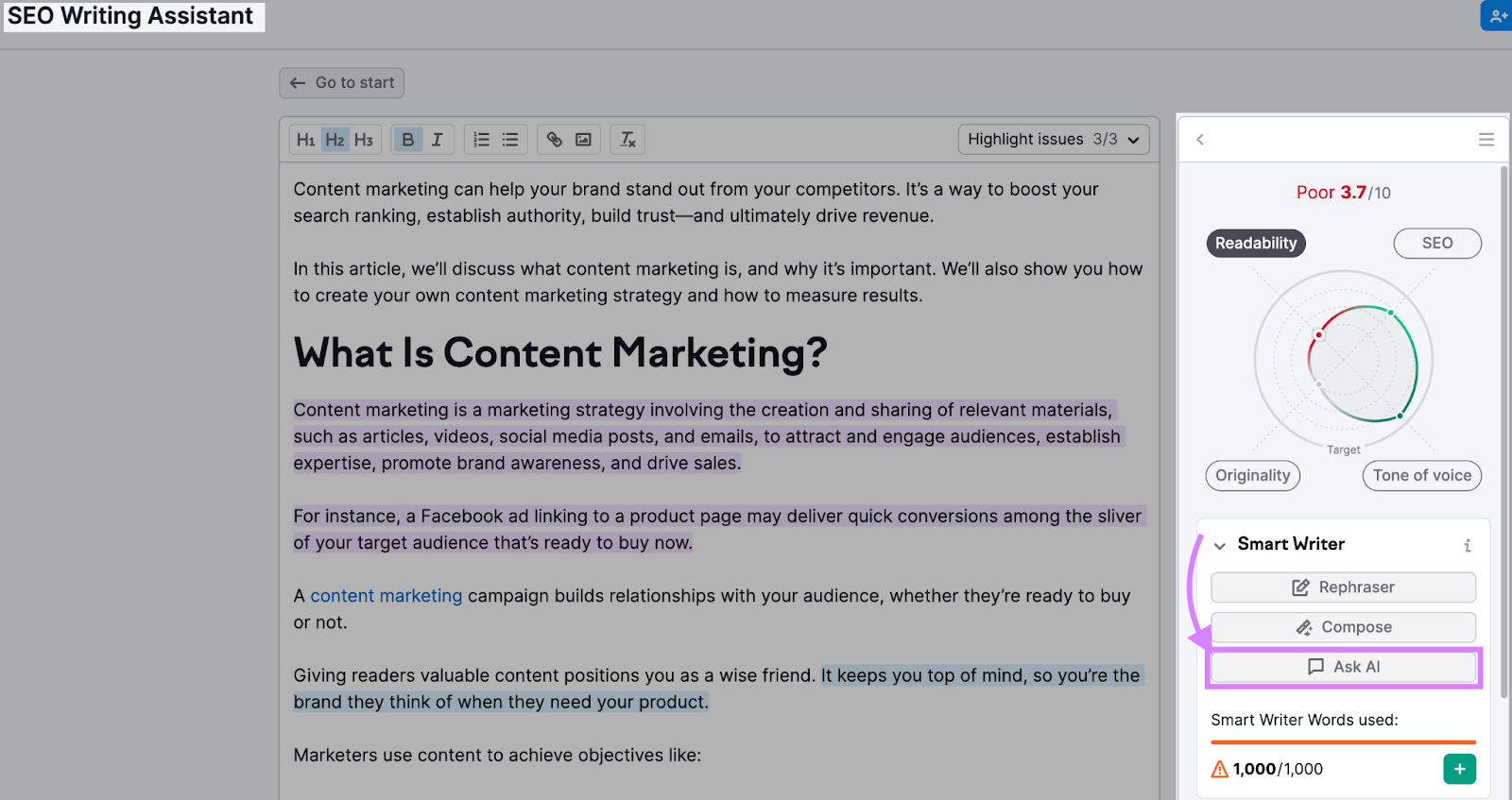 Editor del Asistente de Redacción SEO con el botón "Preguntar a la IA" resaltado