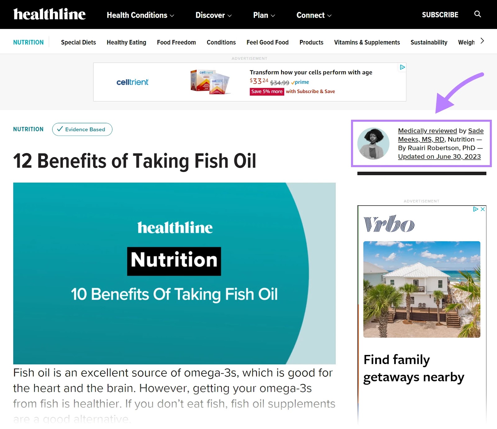 Un ejemplo de artículo de Healthline "revisado médicamente" por un profesional sanitario
