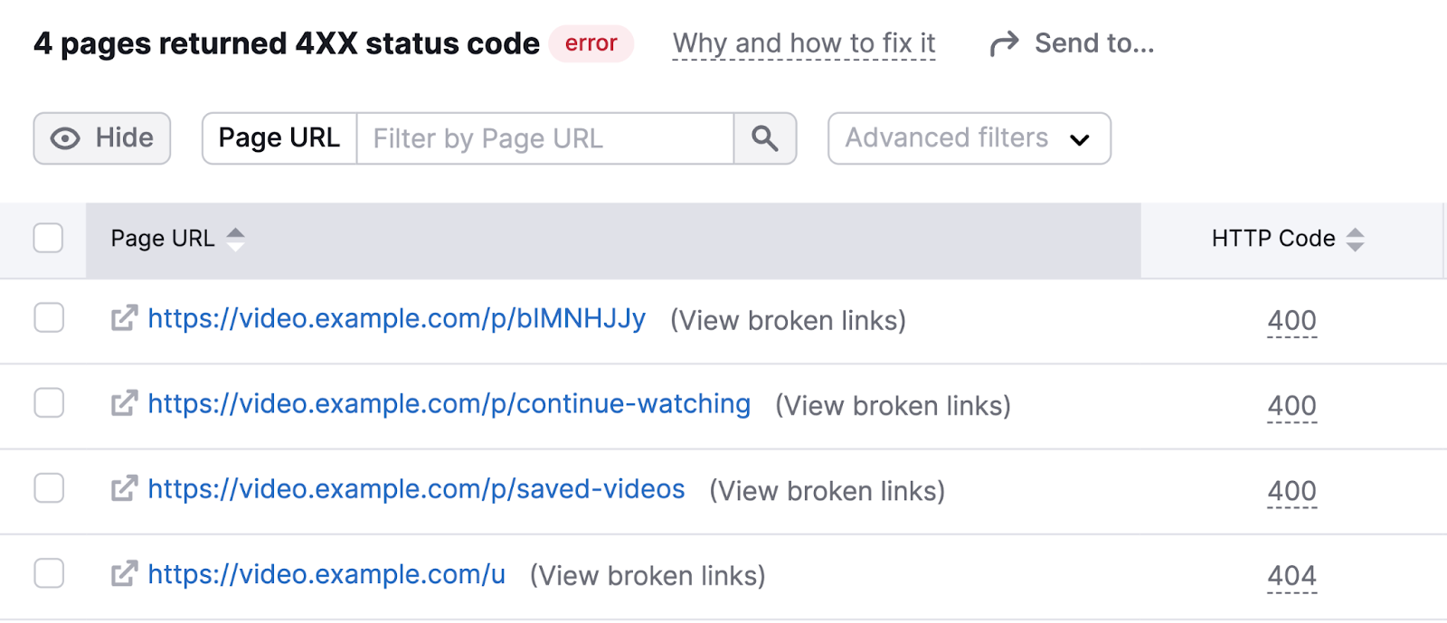 Une liste de pages avec le code d'état 4XX