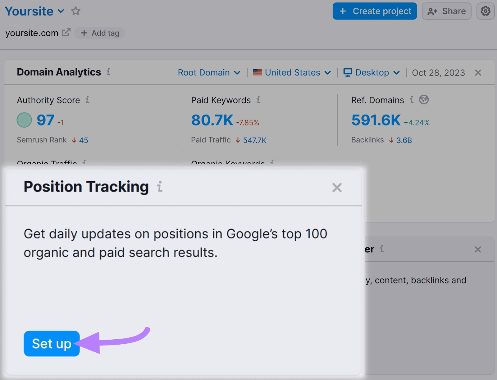 Botón "Configurar" seleccionado bajo el widget "Seguimiento de la posición".