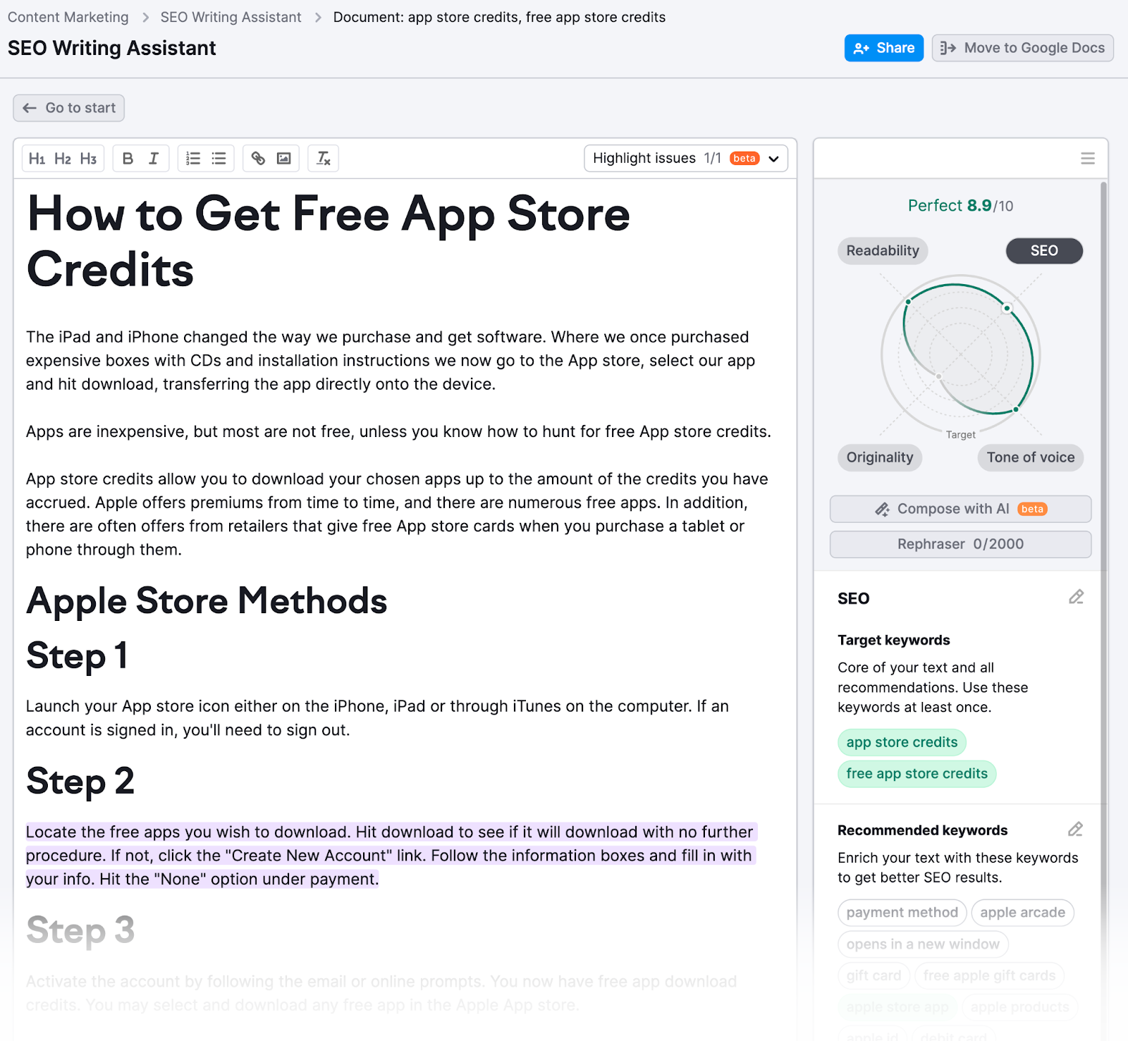 SEO Writing Assistant tiene un editor de texto, puntuación y recomendaciones