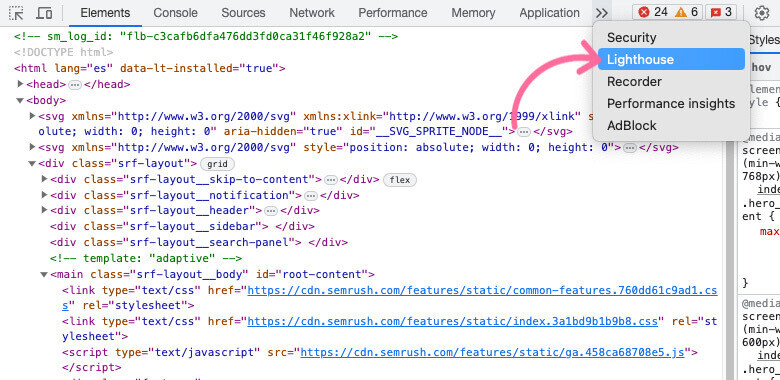 Seleccionar Lighthouse en el panel DevTools
