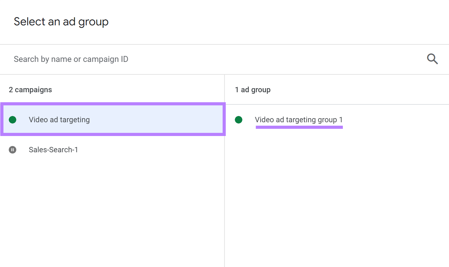 Se seleccionaron la campaña "Segmentación de anuncios de vídeo" y el "Grupo 1 de segmentación de anuncios de vídeo" en el panel de control.