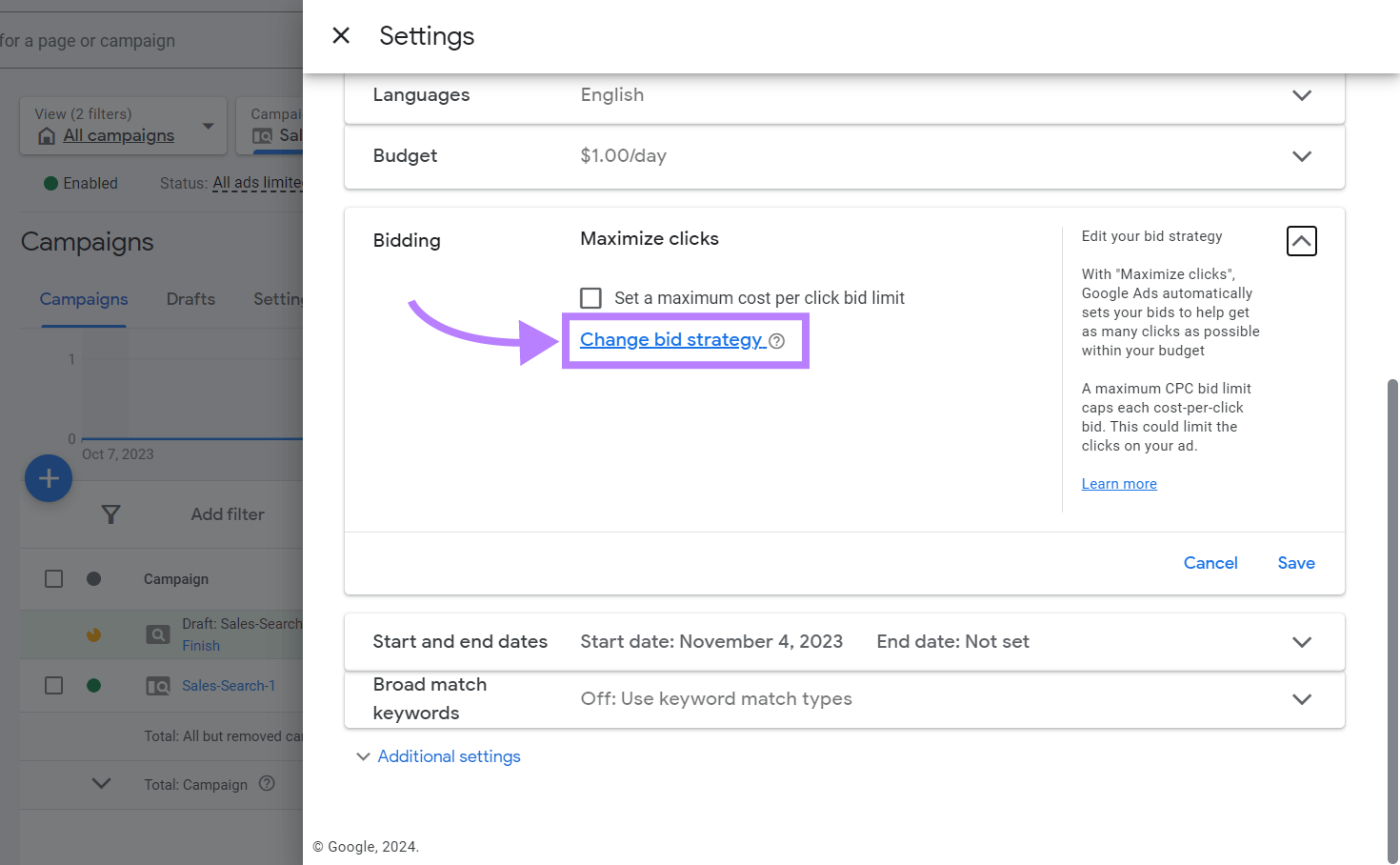 Botón "Cambiar estrategia de puja" resaltado