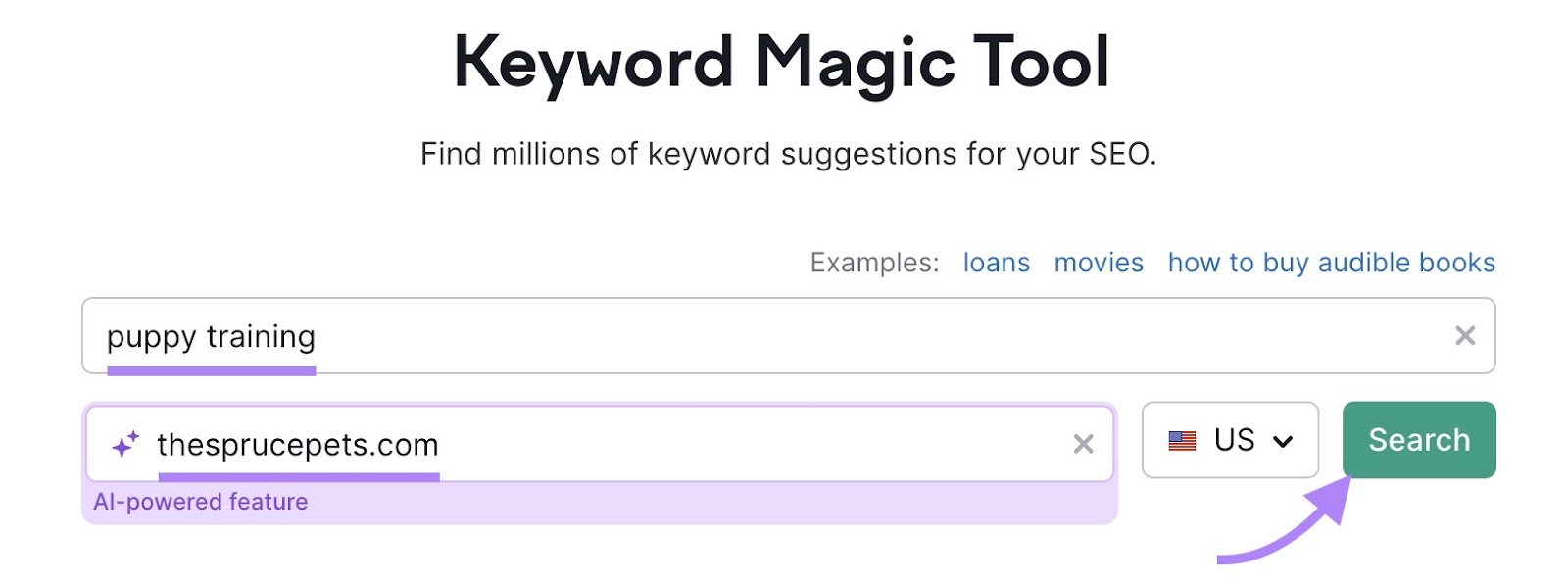 "Keyword Magic Tool" empieza con "adiestramiento de cachorros" introducido como término de búsqueda, un dominio introducido y "Buscar" pulsado.