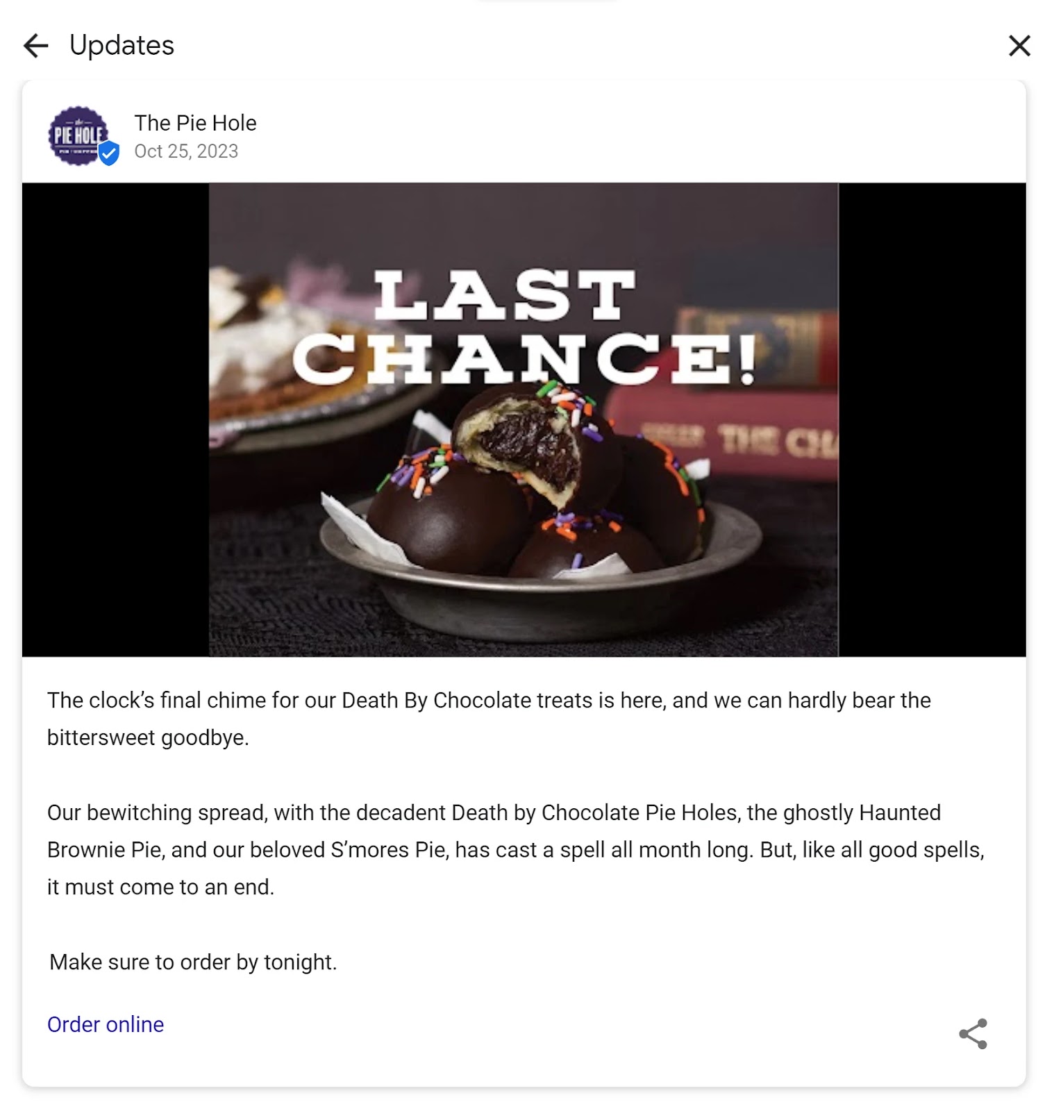 Oferta de perfil de empresa de Google de The Pie Hole