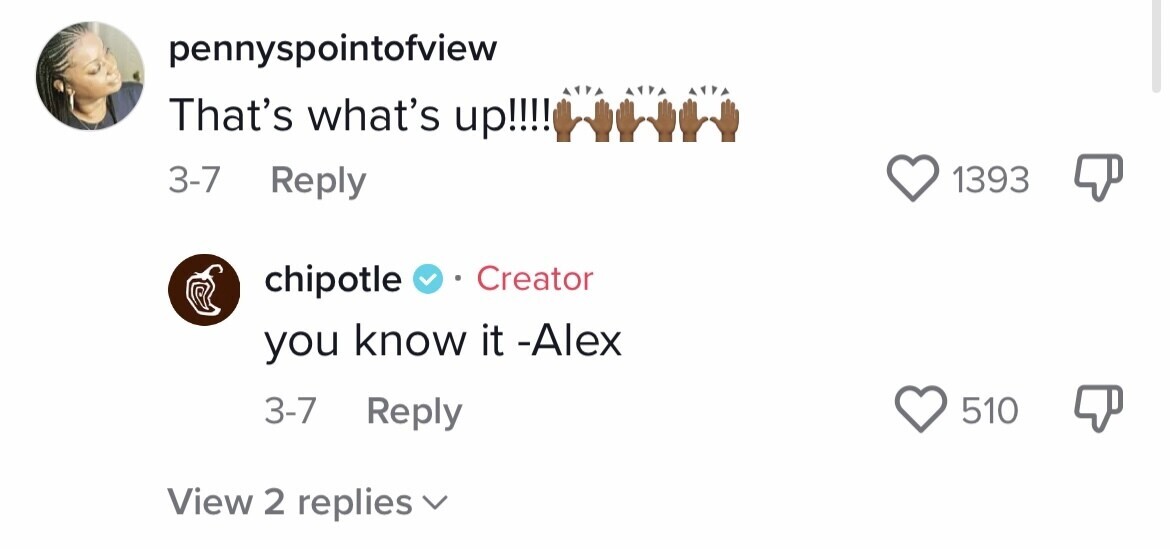 Sección de comentarios de Chipotle en TikTok